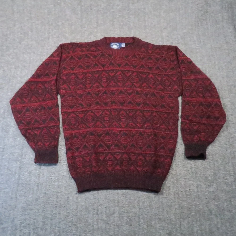Atlantic Traders Sweater Mens L Red Black Geometric Knit Crewneck Vintage Cabin